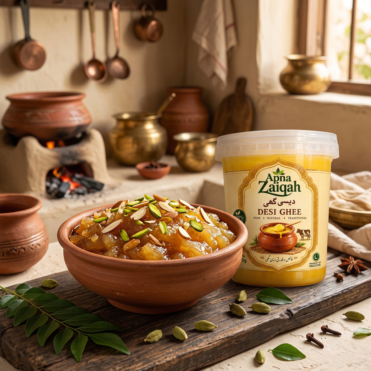 Halwa made with Apna Zaiqah desi ghee in a traditional kitchen
